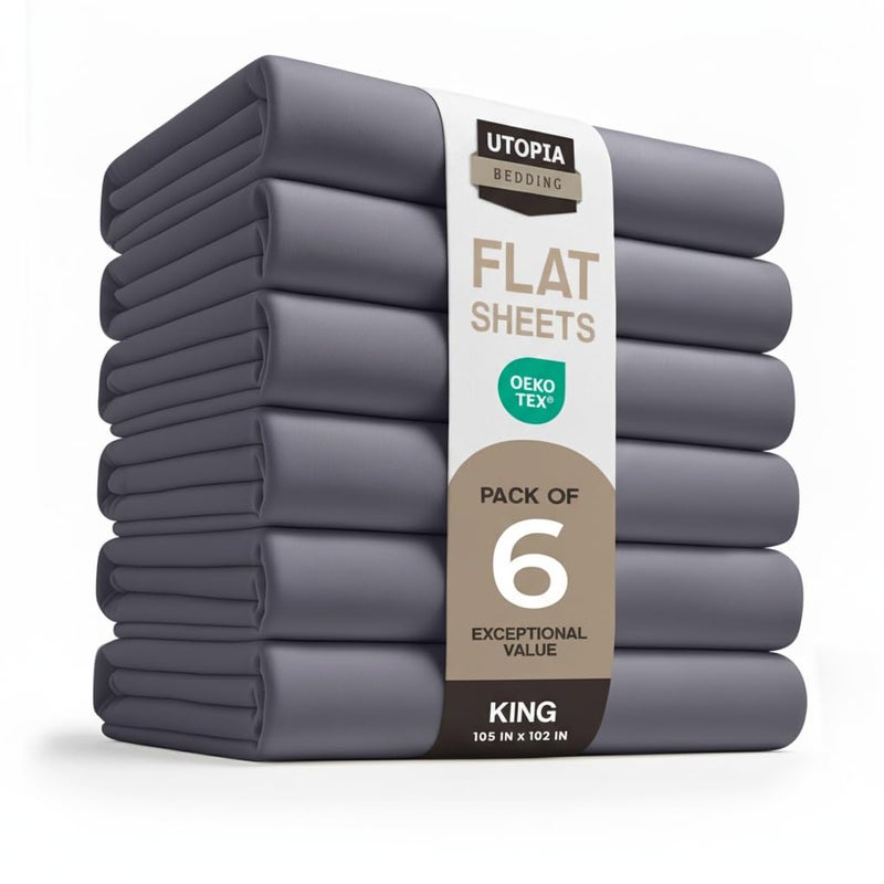 Utopia Bedding Flat Sheets - Pack of 6 - Soft Brushed Microfiber Fabric - Shrinkage & Fade Resistant Top Sheet - Easy Care (King, Grey) - Image 1